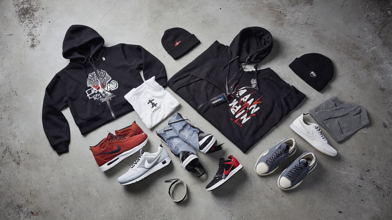 Independent streetwear brands flat lay